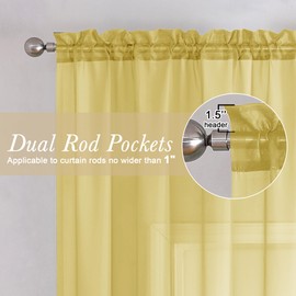 Sheer Curtains 63 Inches Length 2 Panels, Light Filtering Voile Curtain Drapes for Kitchen Bedroom Windows, Dual Rod Pocket Living Room Sheer Curtains, 40 W x 63 L Inches, Yellow
