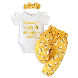 AMAWMW Newborn Baby Girl Bee Outfit Ruffle Romper Bee Pants Infant Honeybee Summer Clothes Set Baby Girl Gifts