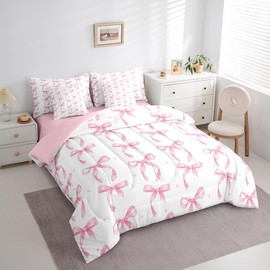 Erosebridal Cute Pink Bow Comforter Set Twin Bed in a Bag,Bowknot Princess Bedding Set for Girls Kids,Ribbon Pink Bow Knot Bed Set 7 Piece with Fitted+Flat Sheet,Pillowcases,Throw Pillow Covers