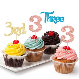 24 piezas de adornos para cupcakes de tercer cumpleaños con purpurina, tres púas para baby shower, tercer cumpleaños, aniversario, fiesta, decoración de pasteles, suministros de decoración de pasteles, azul, oro, oro rosa