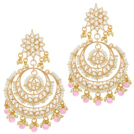 Aheli Ethnic Bridal Faux Kundan Pearl Chandbali Earrings for Women Girls Fancy Indian Traditional Bollywood Jewelry Set (Pink)