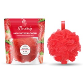 Bath Shower Loofah with Strawberry-Scented Soap – Soft & Exfoliating Body Scrubber, Soap-Infused Loofah, Luxurious Spa Experience, Durable & Quick-Drying (Red - Strawberry, Medium (Pack of 1))