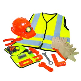 Dr. STEM Toys Construction Worker Roleplay Costume Set with Hat, Tools, Tool Belt, Gloves, and More - Orange and Yellow, One Size Fits Most Kids Ages 3 to 6