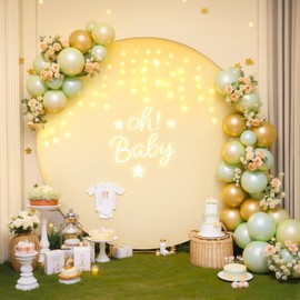 6.6 FT Ivory Round Backdrop Cover with Lights String for Circle Arch Stand, Circle Backdrop Covers with LED Fairy Lights for Wedding Arch Baby Shower Birthday Party Photo Shoot Photography Background