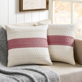 ZeeMart 2 Packs Cotton Boho Throw Pillow Covers 16x16 Inch Contrast/Dusty Pink, Soft Farmhouse Decorative Couch Pillow Cases Pink Cushion Covers for Sofa Bed Living Room Home Decor