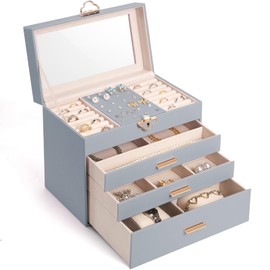 Jewelry Box for Women,Jewelry Organizer 4 layers 3 Drawers with Glass Lid Necklace Holder for Necklaces Jewelry Storage Rings Earrings Bracelets Watch Mother Day Gift for Mom 8.4x5.9x9.8 Inch,Gray