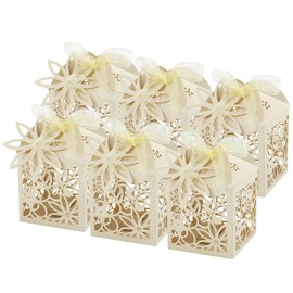 LIHAO 50 PCS Gift Box Flower Laser Cut Candy Box Favor Gift Box with Ribbons for Wedding Christening Baby Shower Christmas Party Decoration