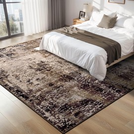 Ompaa Living Room Rug 8x10 Brown Area Rugs Machine Washable Abstract Coffee Boho Large Carpet Non-Slip Non-Shedding Faux Wool Indoor Vintage Rug for Bedroom, Classroom, Dining Room, Kids Playroom