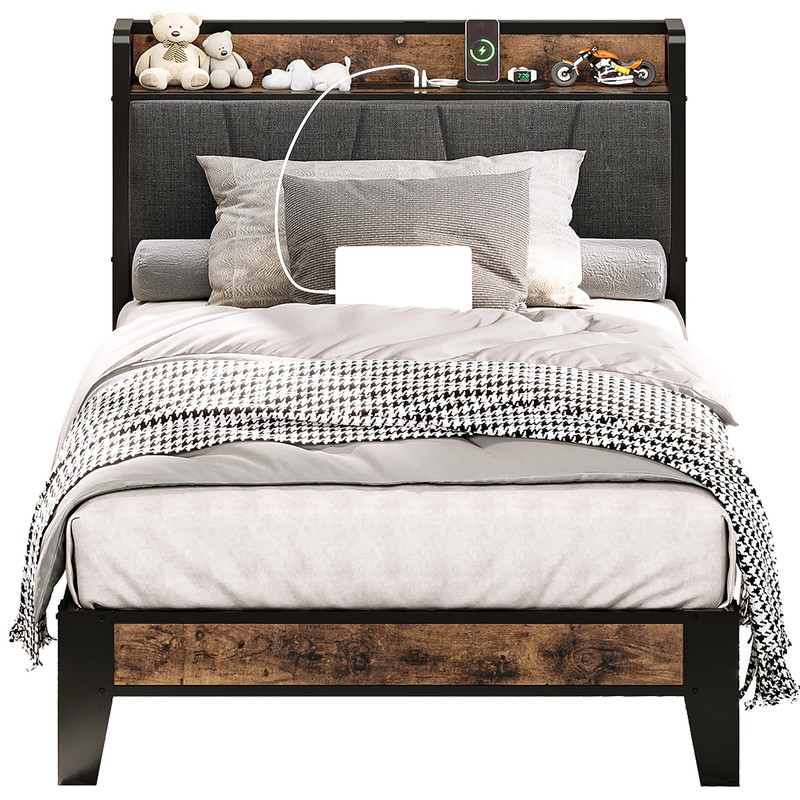 LIKIMIO Twin Bed Frames, Storage Headboard with Charging Station, Solid