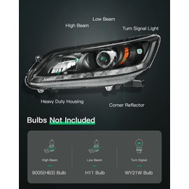 LSAILON Headlight Assembly Replacement Fit 2013-2015 For Honda Accord Sedan 4Dr Black Housing Amber Reflector Driver and Passenger Side