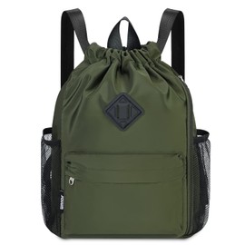 WANDF Drawstring Backpack Sports Gym Bag with Shoes Compartment, Water-Resistant String Backpack Cinch for Women Men (Dark Green,Medium)
