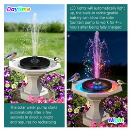 Jhua Solar Fountain for Bird Bath Pump with Led Lights Solar Powered Water Pump Kit with 8 Nozzles 200L/H Floating Water Fountain for Outdoor Garden Ponds Pool Fish Tank Aquarium