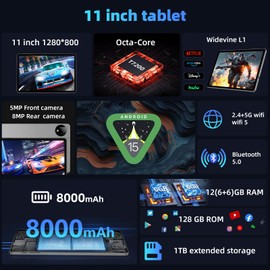 Tablet, Android 15 Tablets with 11 inch LCD Display, 12GB RAM + 128GB Storage 1TB Expand, T7200 Octa-Core Processors, 8000mAh, Widevine L1, GPS, Dual Camera, WiFi 5, BT5.0 (Black)
