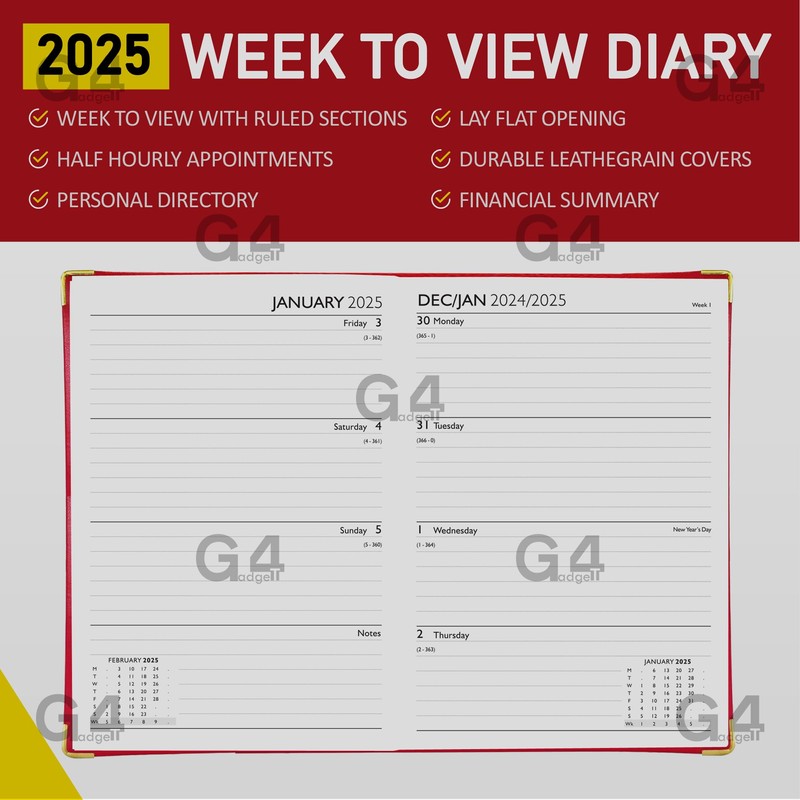Luxury 2025 Week to View Diary Hardback Cover 80GSM Paper