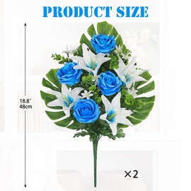 Hollyone 2 Set Artificial Cemetery Flowers for Grave, Silk Blue Fake Rose Lily Bouquet Floral Arrangement Flowers Outdoor Graveyard Memorial Flowers for Cemetery Headstones Funeral Vase Decoration
