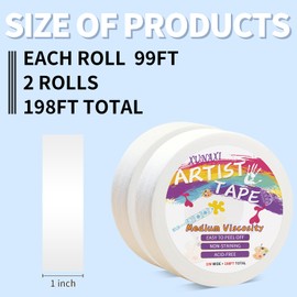 XUNAXI 2 Packs Artist Tape Medium Tack White Art Tape for Watercolor Paper Drafting Art Painting Canvas Framing Acid Free Masking Tape- 1IN Wide 197FT Long Total