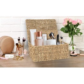Woodluv Woven Seagrass Basket With Lid & Inset Handle, Natural Storage Baskets, Shelf Basket, Gift Hamper basket, Perfect Organizing and Storage Basket, Medium
