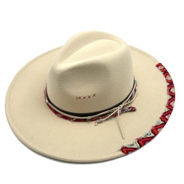 Wotfim Big Wide Brim Fedora Hat for Women Man Felt Panama Hat with Band Western Outdoor hat-Beige