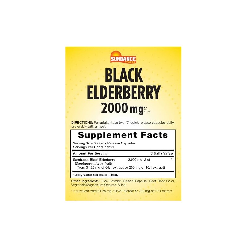 Sundance Sambucus Black Elderberry Capsules | 100 Count | Non-GMO