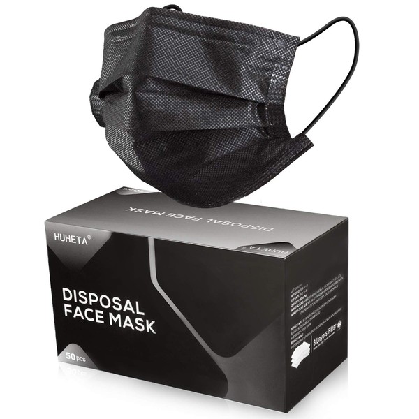 Pack of 50 Disposable Face Mask 3-Ply Breathable & Comfortable Safety Mask, Protective Masks for Indoor and Outdoor - Individually Wrapped (Black Mask)
