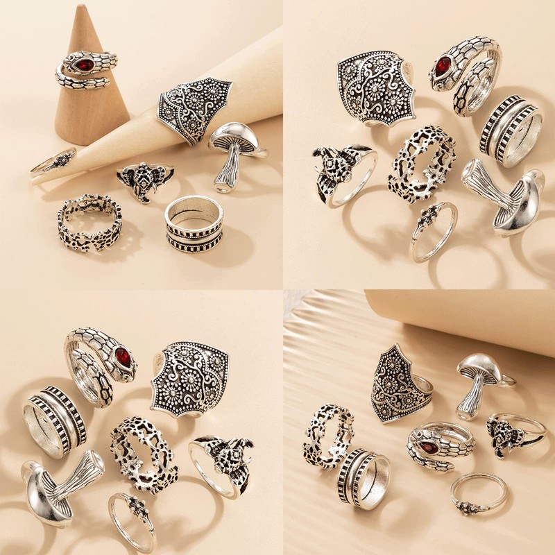 8PCS Boho Rings Set for Women Teen Girls Mushroom Finger