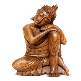 G6 Collection 12" Wooden Serene Sleeping Buddha Statue Hand Carved Sculpture Handmade Figurine Decorative Home Decor Accent Handcrafted Traditional Modern Decoration Sitting Resting Buddha (Medium)