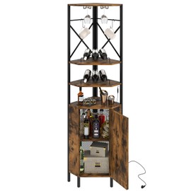 UVANIOHOM Corner Wine Cabinet with Power Outlet & LED Light, 6-Tier Industrial Corner Bar Cabinet w/Glass Holder & 2 Flexible Hooks, Corner Bar Shelf & Corner Bookcase for Home, Kitchen, Rustic Brown