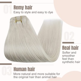 Fshine 120 g Clip-In Real Hair Extensions, White Blonde, 35 cm, Full Head Hair Extensions, Real Hair Clips, Straight Hair, Double Weft Hair Extensions, Real Hair Clip, 7 Pieces