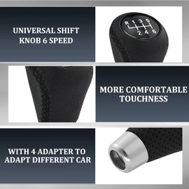 Juttzzei Car Gear Shift Knob, Universal 6 Speed Gear Knob, Manual Gear Stick Knob, Leather Gear Stick Shift Cover with 4 Adapters 8mm 10mm 11mm 12mm for Manual Automotive Vehicles - Black Stitching