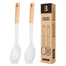 Silicone Cooking Spoons, Great for Scooping Sides and Serving Hearty Stews, BPA-Free Matte Silicone, Wooden Handle Serving Spoon for Nonstick Cooking Surfaces (White)
