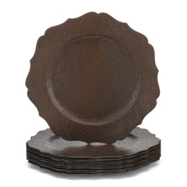Mifoci 12 Pcs 13" Rustic Brown Wooden Textured Acrylic Chargers Plates with Scalloped Rim Round Faux Wood Chargers for Dinner Plates for Fall Thanksgiving Day Wedding Party Table Decor