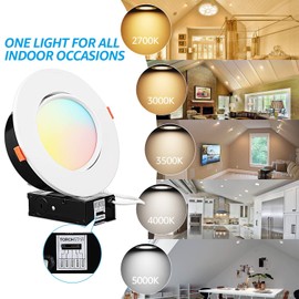 TORCHSTAR 6 Inch 5CCT Gimbal LED Recessed Lighting with Junction Box Dimmable, 2700K/3000K/3500K/4000K/5000K Selectable, Adjustable Recessed Downlight, LED Retrofit Downlight, ETL & ES, Pack of 4