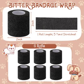 Threlaco 6 Rolls Self Adhesive Bandages Wrap No Chew Bandage for Pets Bitter Bandage Wrap for Dogs and Cats Wound Wrap 2 Inches x 5 Yd(Black)