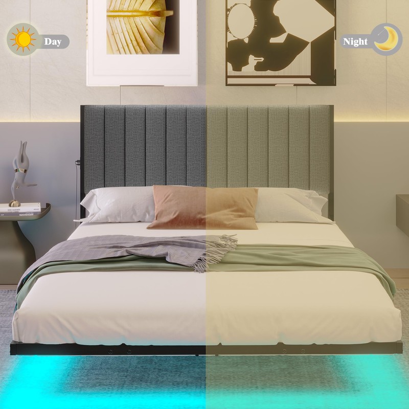 ARFARLY Floating Double Bed Frame with LED Lights and Charging
