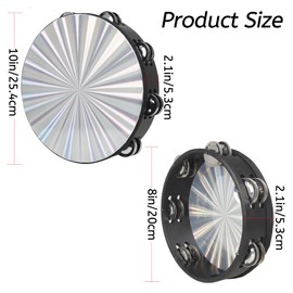 YOUEON 2 Pack Radiant Tambourine with Double Row Jingles, 8/10 Inch Wood Handbell Music Reflective Drum, Hand Drum Percussion Instrument for Church, Tambourine for Dance, Party, KTV