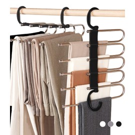 AIR&TREE 4 Pack Pants Hangers Space Saving,Anti-Rust Pants Organizer,Durable and Sturdy Installed Hangers for Pants Scarf Jeans Slack Trousers Ties Towels in Closet,5 in 1(Black)