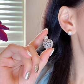 Cute Ear Jacket Crystal Ball Double Sides Stud Earrings for Women Faux Pearl Front Back Cartilage Studs Earring Dainty 2 in 1 Jewelry Gifts Birthday (Silver)