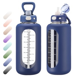 SIEROZUR 42 oz Glass Water Bottle with Straw and Handle Half Gallon Large Water Bottle with Silicone Sleeve and Time Marker Sports Water Jug Wide Mouth for Travel Gym