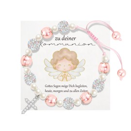 RMMD Communion Gifts for Girls, Communion Bracelet, Communion Gifts, Silver Guardian Angel Cross Bracelet, Pearl Bracelet, First Communion Gifts, Comes with Card and Fabric Bag, Stainless Steel, No