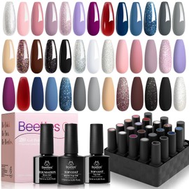 Beetles 23Pcs Gel Polish Set , All-Season Colours Nude Pink Gray Blue Red | Burgundy Glitter Manicure Nail Kit with 3Pcs Base and Glossy&Matte Top Coat, Soak off Uv Gel for Women Girls