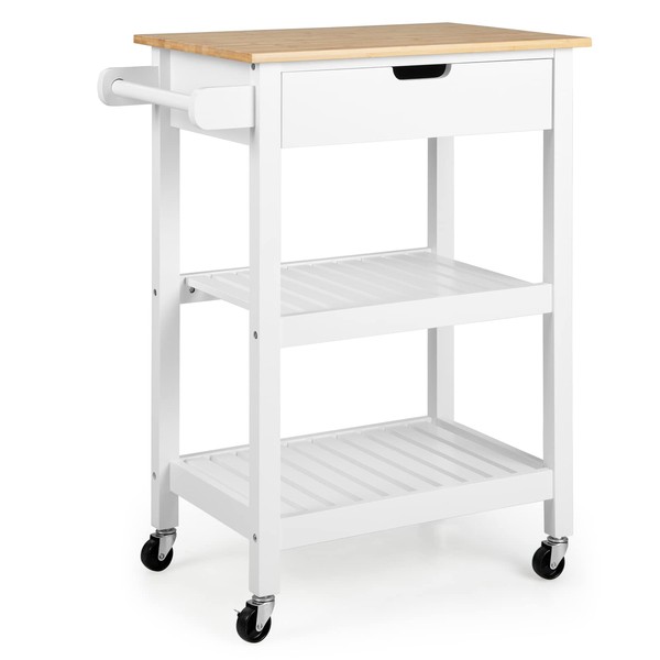 Giantex Kitchen Island Cart with Storage, Rolling Bamboo Kitchen Cart on Wheels, w/Pull-Out Drawer, Towel Handle, 2 Open Shelves, Mobile Coffee Bar Cart for Dining Room Living Room (White & Beige)