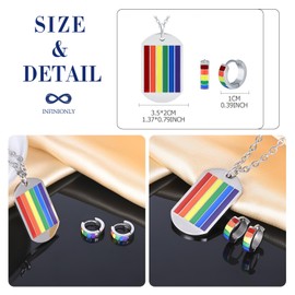 INFINIONLY Men's Women's Stainless Steel Necklaces and Earrings Jewellery Sets Creative Dog Tag Chains Pendant Rainbow Day Necklaces Fashion Rainbow Hoop Earrings for Boys Girls