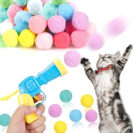 Phyxiul Cat Toy, Cat Pom Ball Mixed Colors, Ball Launcher for Cat Playing, Cat Excitement, Pet Lack of Exercise and Stress Relief, 20 Balls Included, 1 Ball Launcher
