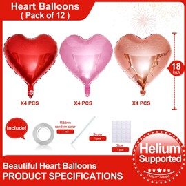 Lovoir Lovoir 12 Pcs Red Heart Shape Foil Mylar Balloons 18 Inch Love Balloons for Valentine's Day Birthday Party Decorations Wedding Engagement Romantic Decor (Red & Pearl Pink & Rose Gold)