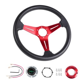 RASTP Universal Racing Steering Wheel 13.8”/350mm 6 Bolts Grip Vinyl Leather & Aluminum with Horn Button for Car -Red