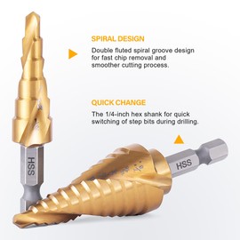 ROGAPER 3PC Step Drill Bit Set, High Speed Steel Spiral Grooved Stepped Up Bits for Aluminium Sheet Metal Wood Plastic, Faster Drilling Unibit Drill Bits with 31 Step Sizes for DIY Lovers