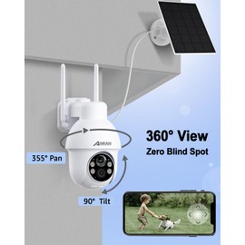 ANRAN 2K Solar Security Camera Outdoor Wireless, WiFi Camera Battery-Powered with 360° PTZ for Home Security, 3MP Color Night Vision, PIR Motion Detection, Two-Way Audio, Alexa/Google Assistant