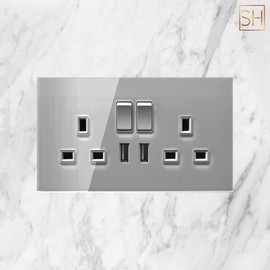 Sardini Home Full Glass Grigio Grey Tempered Glass UK 3-pin 13A Double Switched 2 Gang Plug Wall Socket with 2.1A USB Fast-Charging Charger Port (Updated Model)