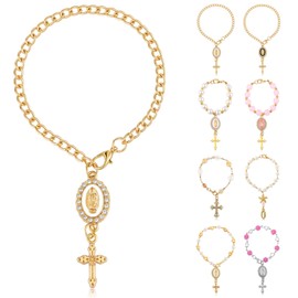 Huquary Charm Steering Wheel Rosary Accessory Cross Pendant Car Decor Rearview Mirror Car Rosary for Automotive Protection Charm Decor(Chain,White)