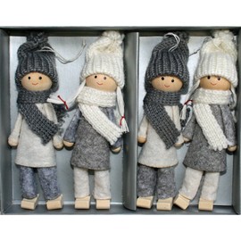 Tomte-Santa Boy & Girl Ornaments - 4 Pack - Grey & White - 5" C